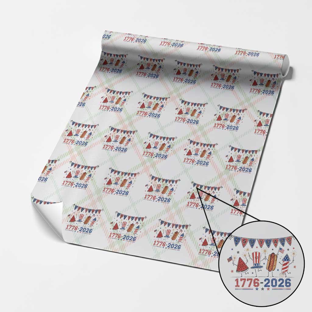 250th Anniversary USA Wrapping Paper Roll Patriotic Watermelon Hotdog Firework 250 Years American 1776 2026 250th 4th July
