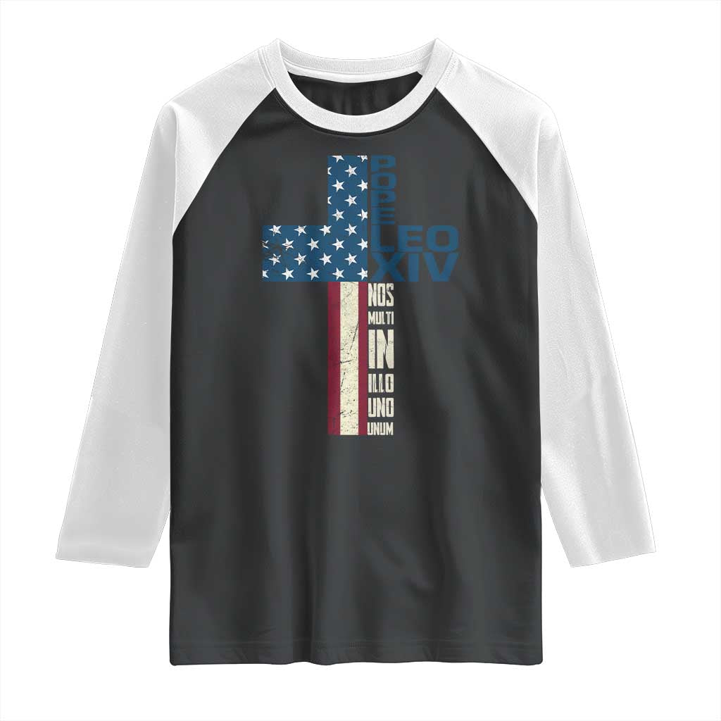 267th Pope Leo XIV Raglan Shirt Nos Multi In Illo Uno Unum American Cross TS02 Black White Print Your Wear