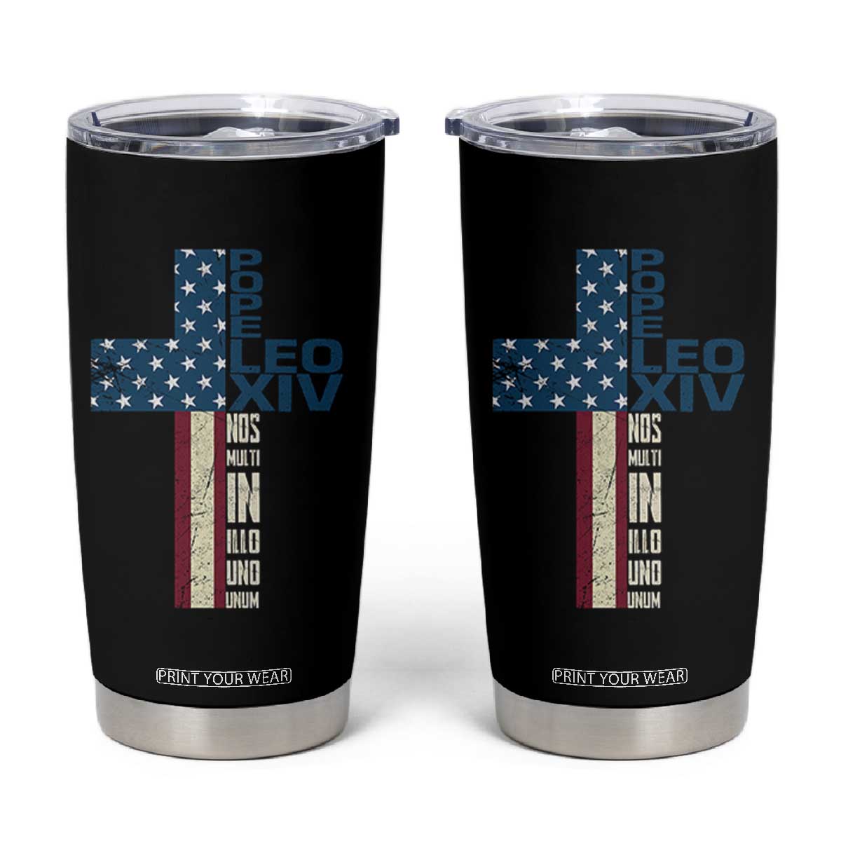 267th Pope Leo XIV Tumbler Cup Nos Multi In Illo Uno Unum American Cross TS02 Black Print Your Wear