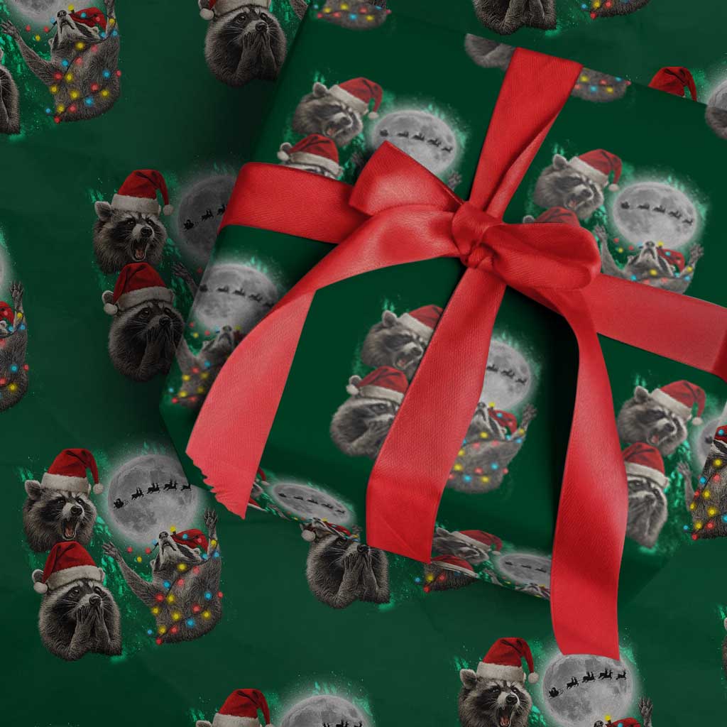 3 Raccoons Howling At Moon Christmas Wrapping Paper Roll Funny Weird Cursed Meme TS10 Green Print Your Wear