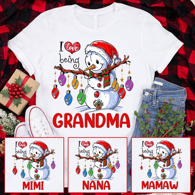 Custom JP Shirt I Love Being Nana Light Strings Snowman Grandma Shirt With Grandkids Name CTM Youth Custom - Printyourwear