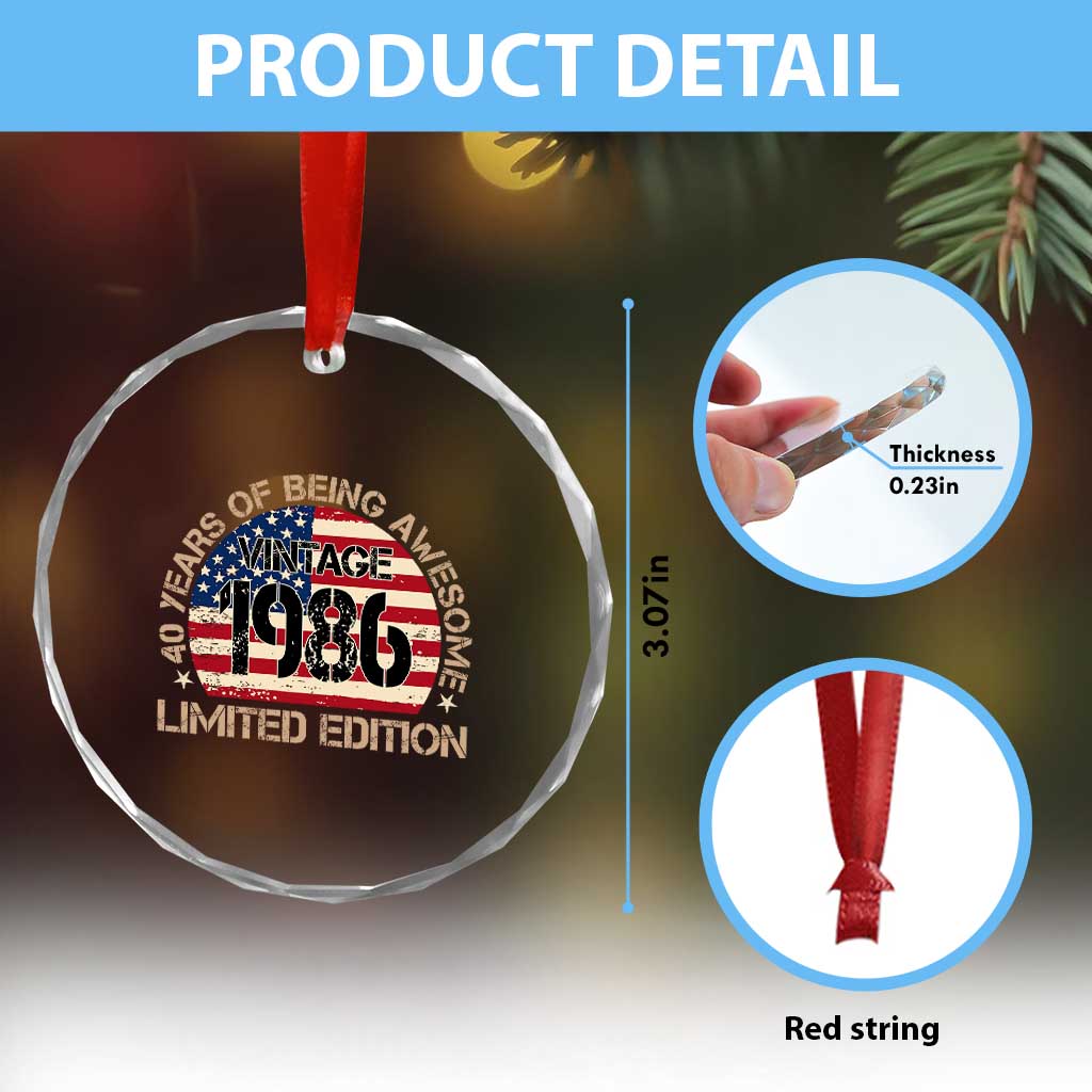 40th Birthday Crystal Glass Ornament Vintage 1986 40 Year Old Birthday USA Flag TS10 Print Your Wear