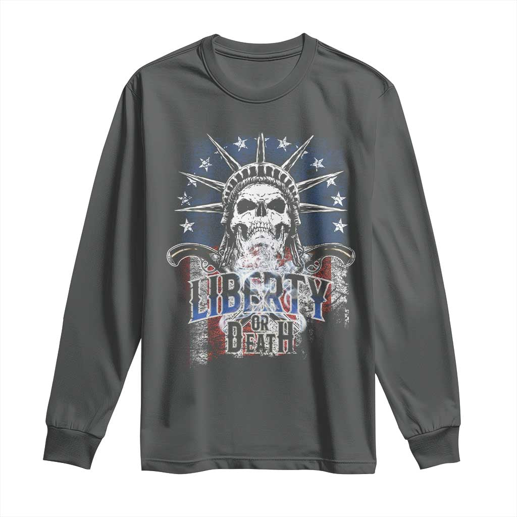 4th Of July Liberty Or Death Long Sleeve Shirt Statue Of Liberty Skull American Flag TS11 Dark Heather Print Your Wear