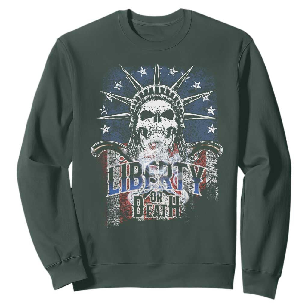 4th Of July Liberty Or Death Sweatshirt Statue Of Liberty Skull American Flag TS11 Dark Forest Green Print Your Wear