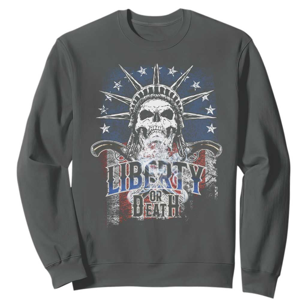 4th Of July Liberty Or Death Sweatshirt Statue Of Liberty Skull American Flag TS11 Dark Heather Print Your Wear