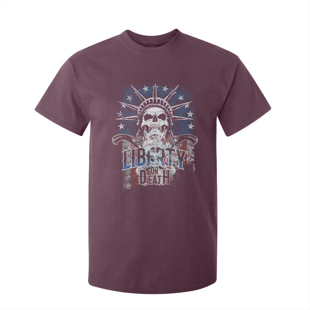 4th Of July Liberty Or Death T Shirt For Kid Statue Of Liberty Skull American Flag TS11 Maroon Print Your Wear