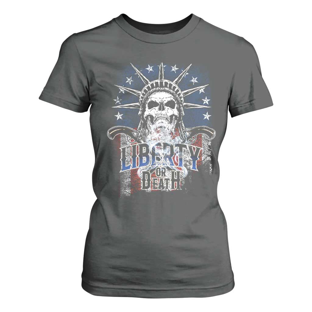 4th Of July Liberty Or Death T Shirt For Women Statue Of Liberty Skull American Flag TS11 Dark Heather Print Your Wear