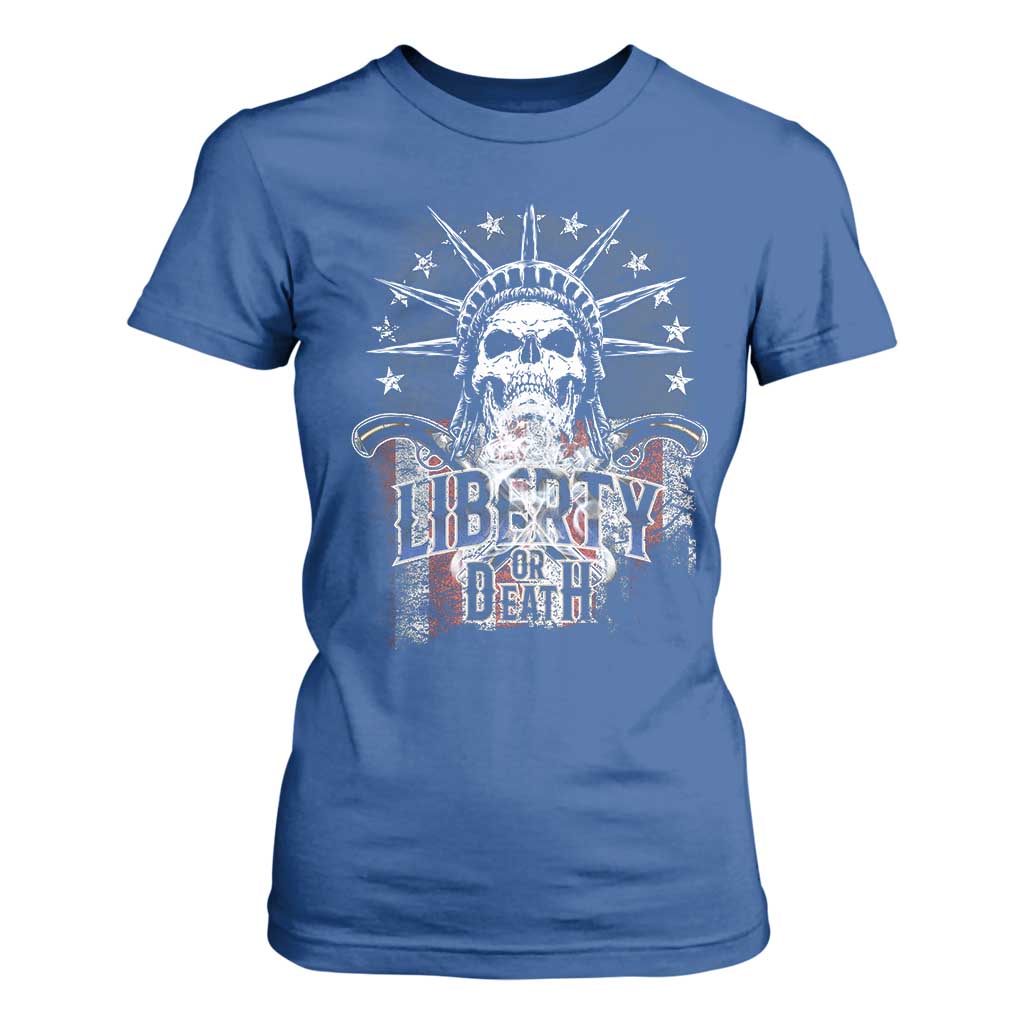 4th Of July Liberty Or Death T Shirt For Women Statue Of Liberty Skull American Flag TS11 Royal Blue Print Your Wear