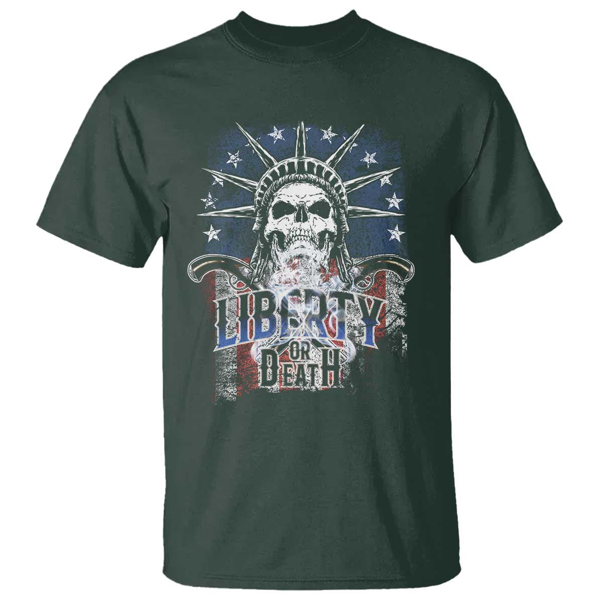4th Of July Liberty Or Death T Shirt Statue Of Liberty Skull American Flag TS11 Dark Forest Green Print Your Wear