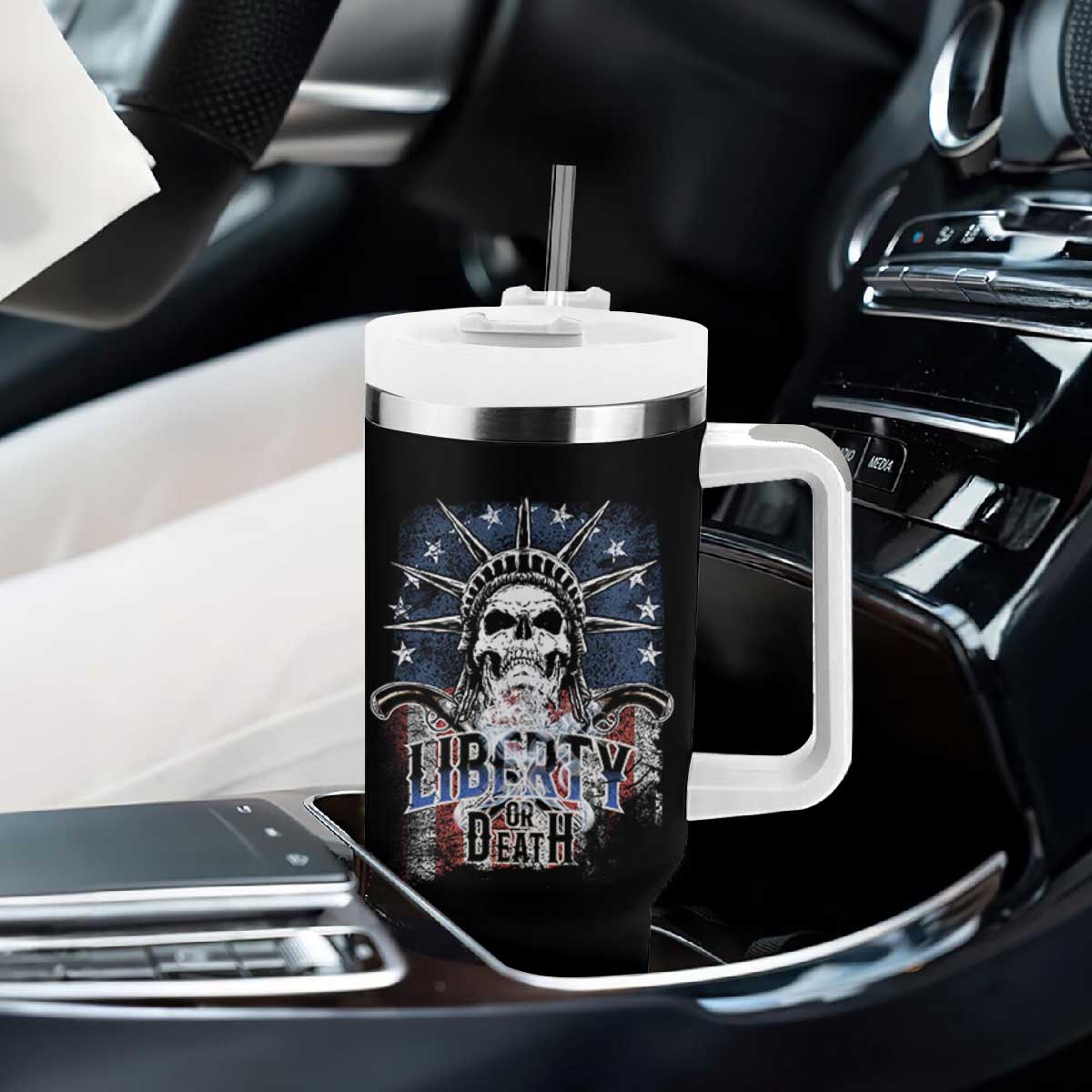 4th Of July Liberty Or Death Tumbler With Handle Statue Of Liberty Skull American Flag TS11 Print Your Wear