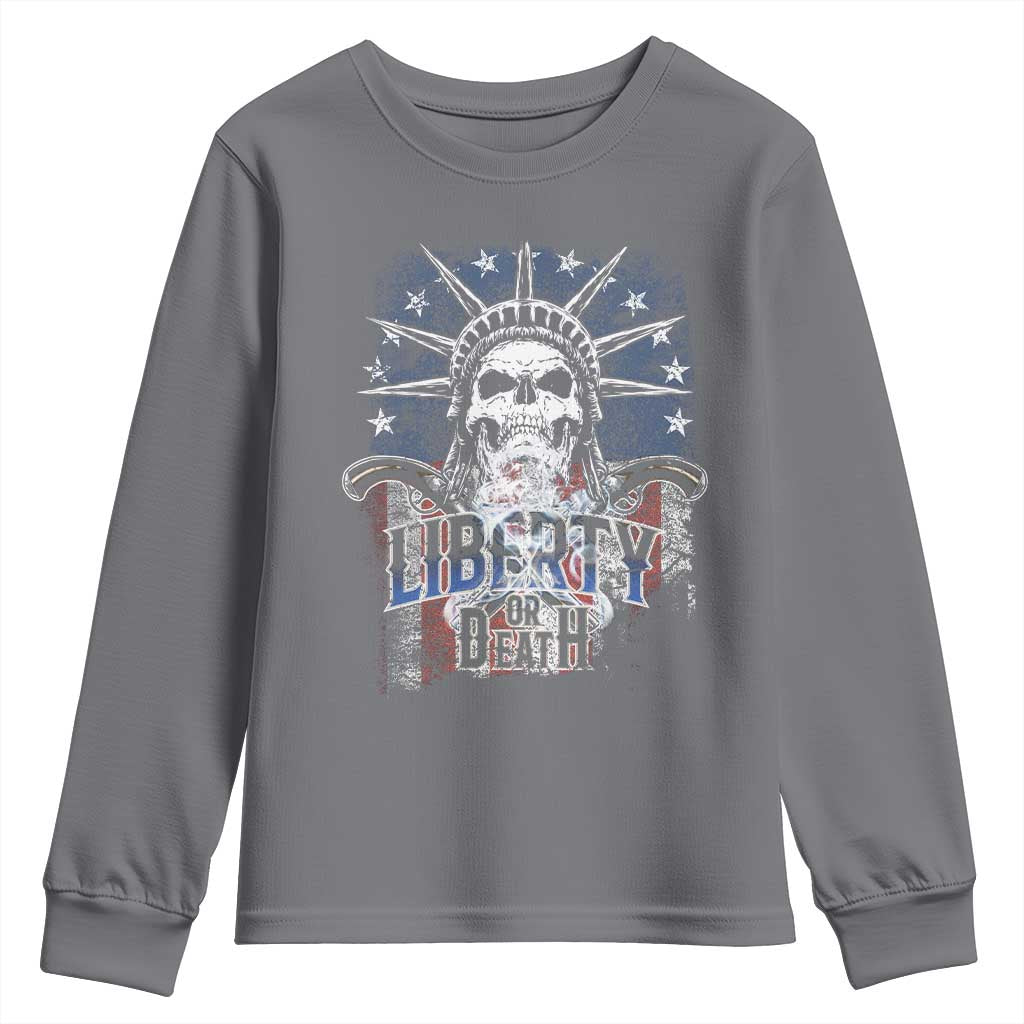 4th Of July Liberty Or Death Youth Sweatshirt Statue Of Liberty Skull American Flag TS11 Charcoal Print Your Wear