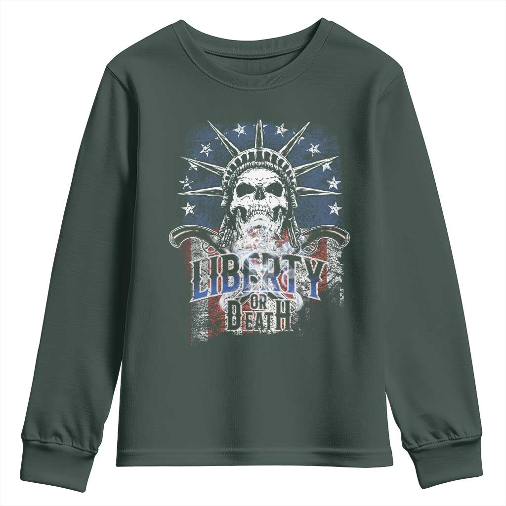 4th Of July Liberty Or Death Youth Sweatshirt Statue Of Liberty Skull American Flag TS11 Dark Forest Green Print Your Wear