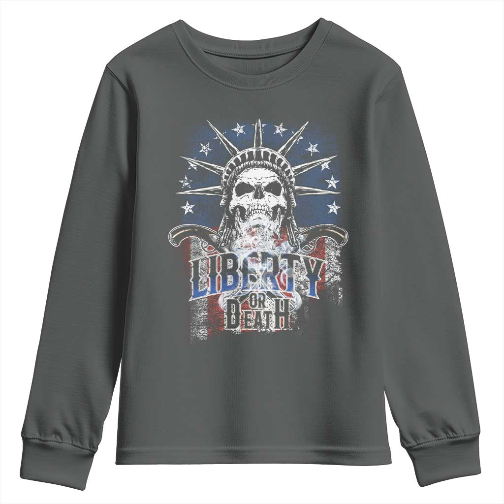 4th Of July Liberty Or Death Youth Sweatshirt Statue Of Liberty Skull American Flag TS11 Dark Heather Print Your Wear