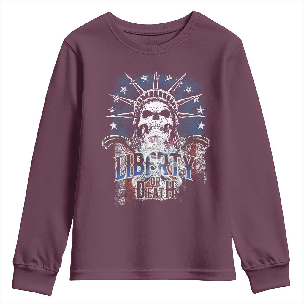 4th Of July Liberty Or Death Youth Sweatshirt Statue Of Liberty Skull American Flag TS11 Maroon Print Your Wear