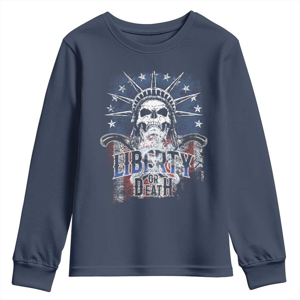 4th Of July Liberty Or Death Youth Sweatshirt Statue Of Liberty Skull American Flag TS11 Navy Print Your Wear