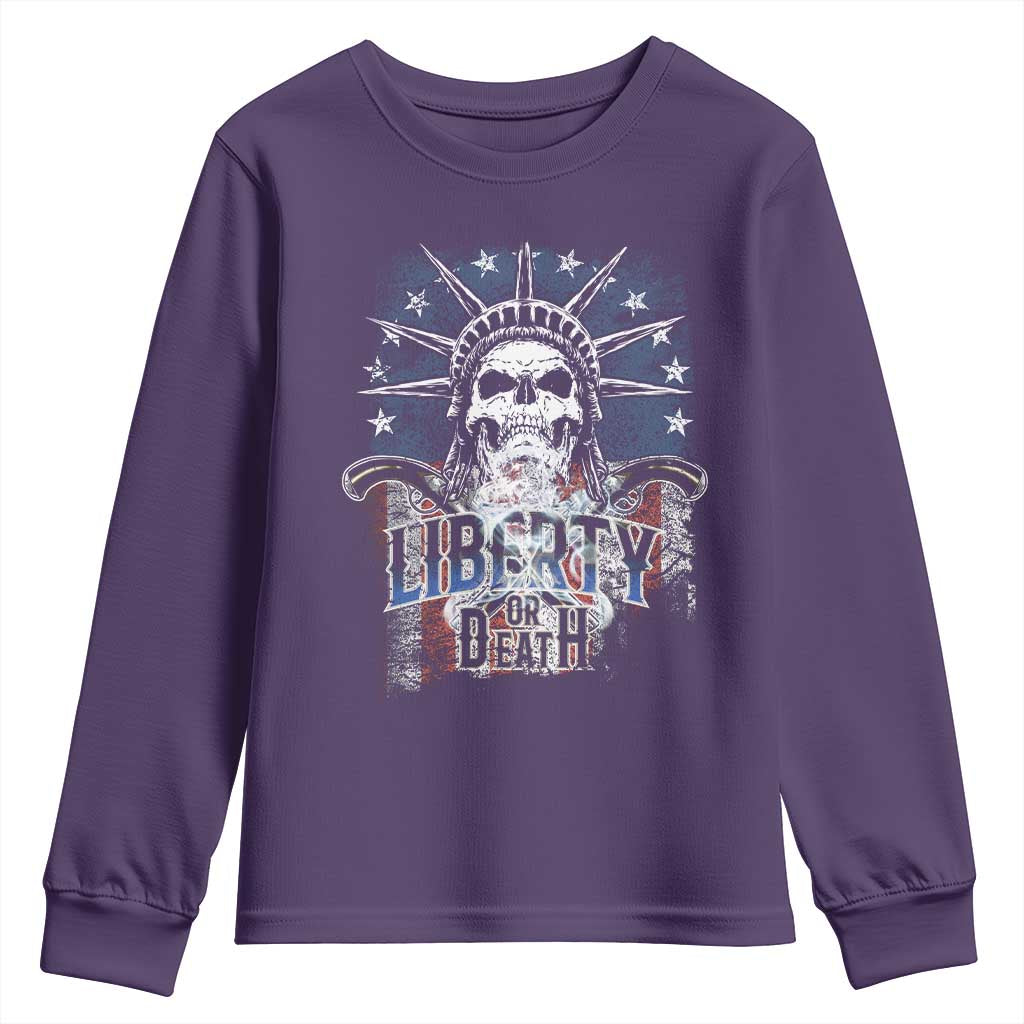 4th Of July Liberty Or Death Youth Sweatshirt Statue Of Liberty Skull American Flag TS11 Purple Print Your Wear