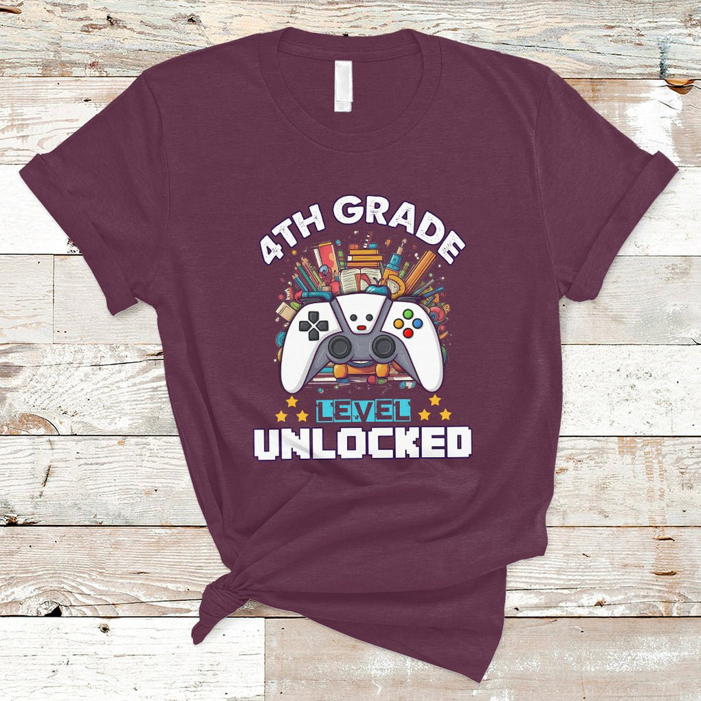 4th Grade T Shirt Fourth Level Unlocked Video Game Level Up Back To School TS02 Maroon Printyourwear