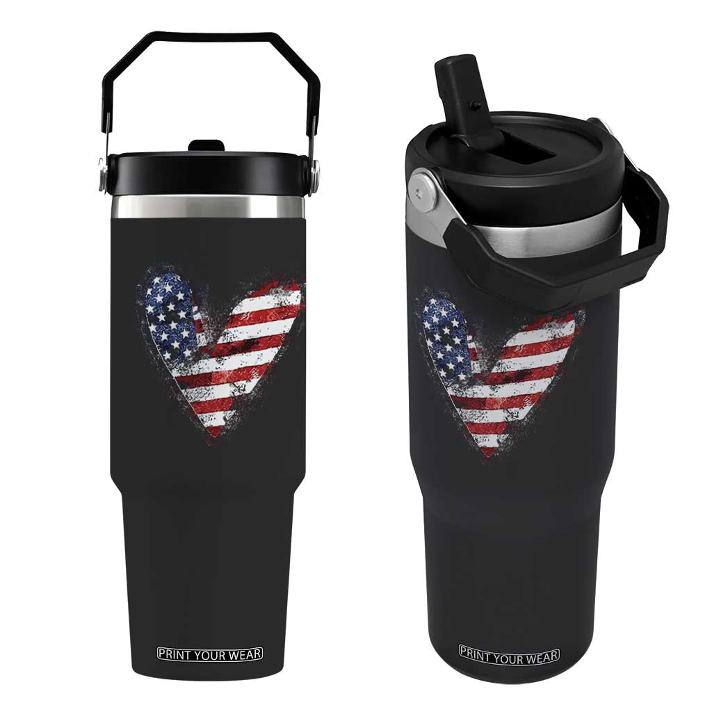 4th of July American Flag Heart USA Patriotic Flip Straw Tumbler TS11 One Size: 30 oz Black Print Your Wear