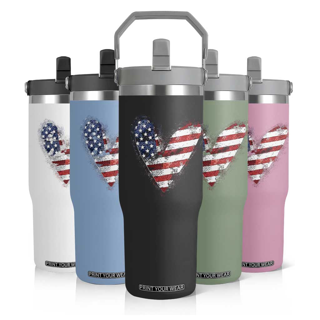 4th of July American Flag Heart USA Patriotic Flip Straw Tumbler TS11 Print Your Wear