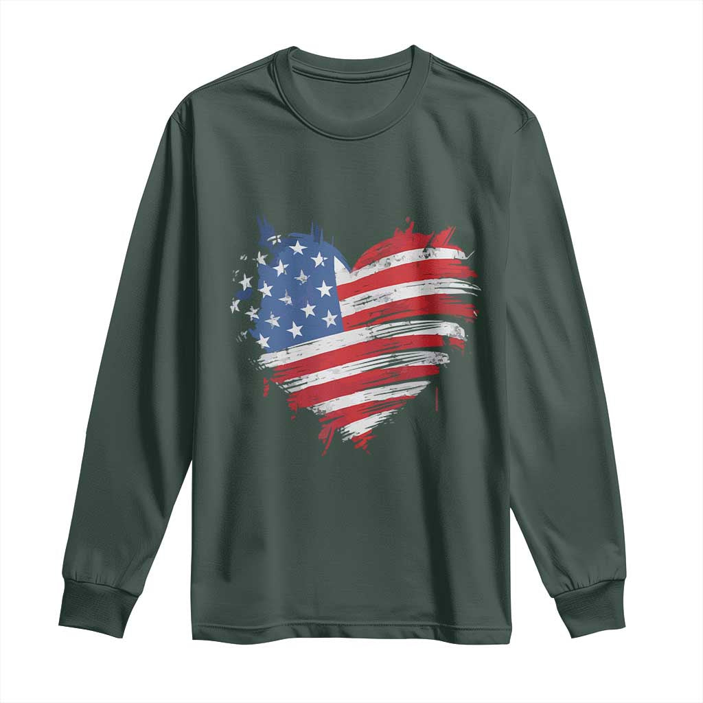 4th of July American Flag Heart USA Patriotic Long Sleeve Shirt Star Stripes TS11 Dark Forest Green Print Your Wear