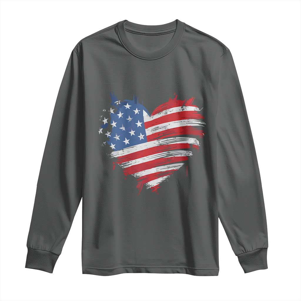 4th of July American Flag Heart USA Patriotic Long Sleeve Shirt Star Stripes TS11 Dark Heather Print Your Wear