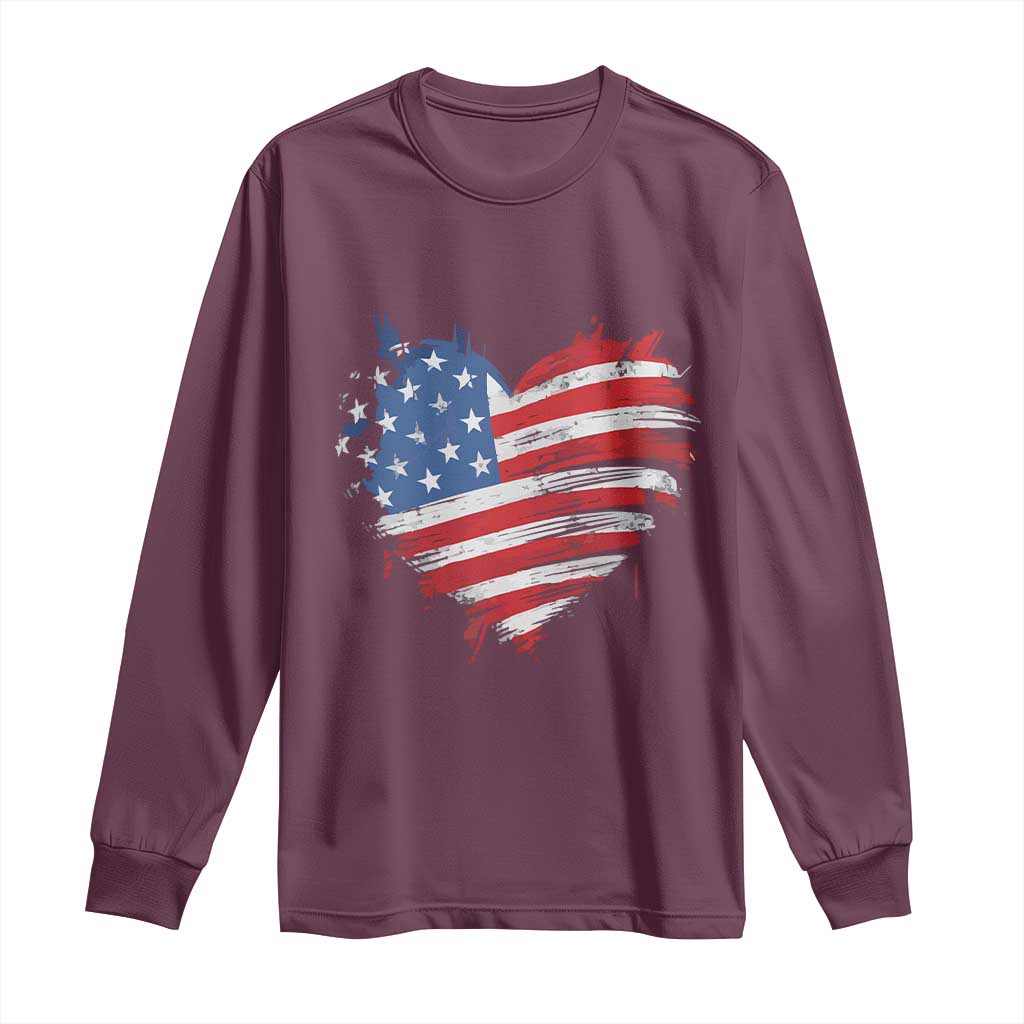 4th of July American Flag Heart USA Patriotic Long Sleeve Shirt Star Stripes TS11 Maroon Print Your Wear