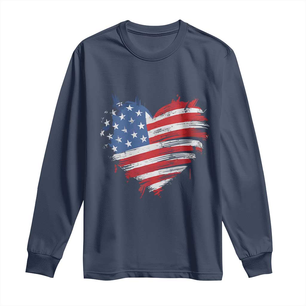 4th of July American Flag Heart USA Patriotic Long Sleeve Shirt Star Stripes TS11 Navy Print Your Wear