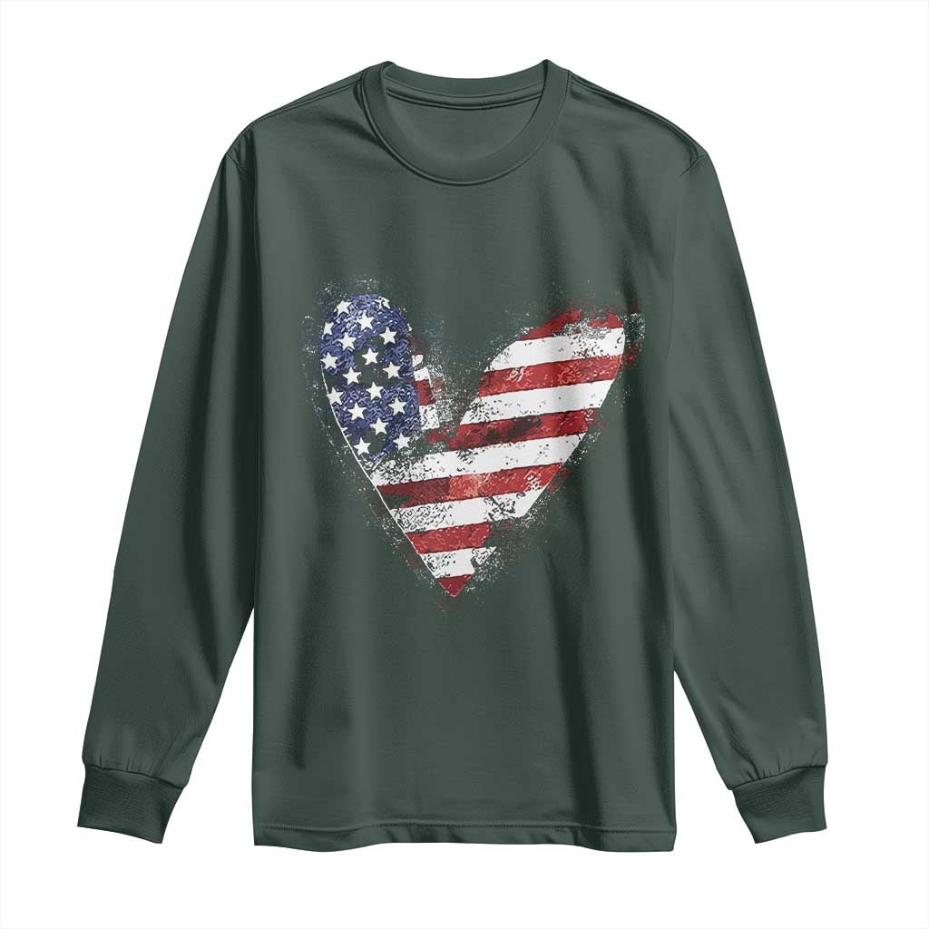 4th of July American Flag Heart USA Patriotic Long Sleeve Shirt TS11 Dark Forest Green Print Your Wear