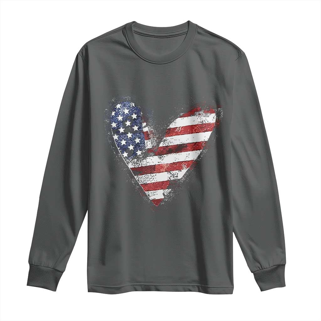 4th of July American Flag Heart USA Patriotic Long Sleeve Shirt TS11 Dark Heather Print Your Wear