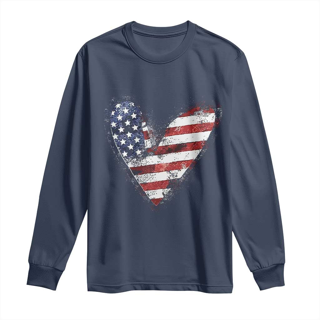 4th of July American Flag Heart USA Patriotic Long Sleeve Shirt TS11 Navy Print Your Wear