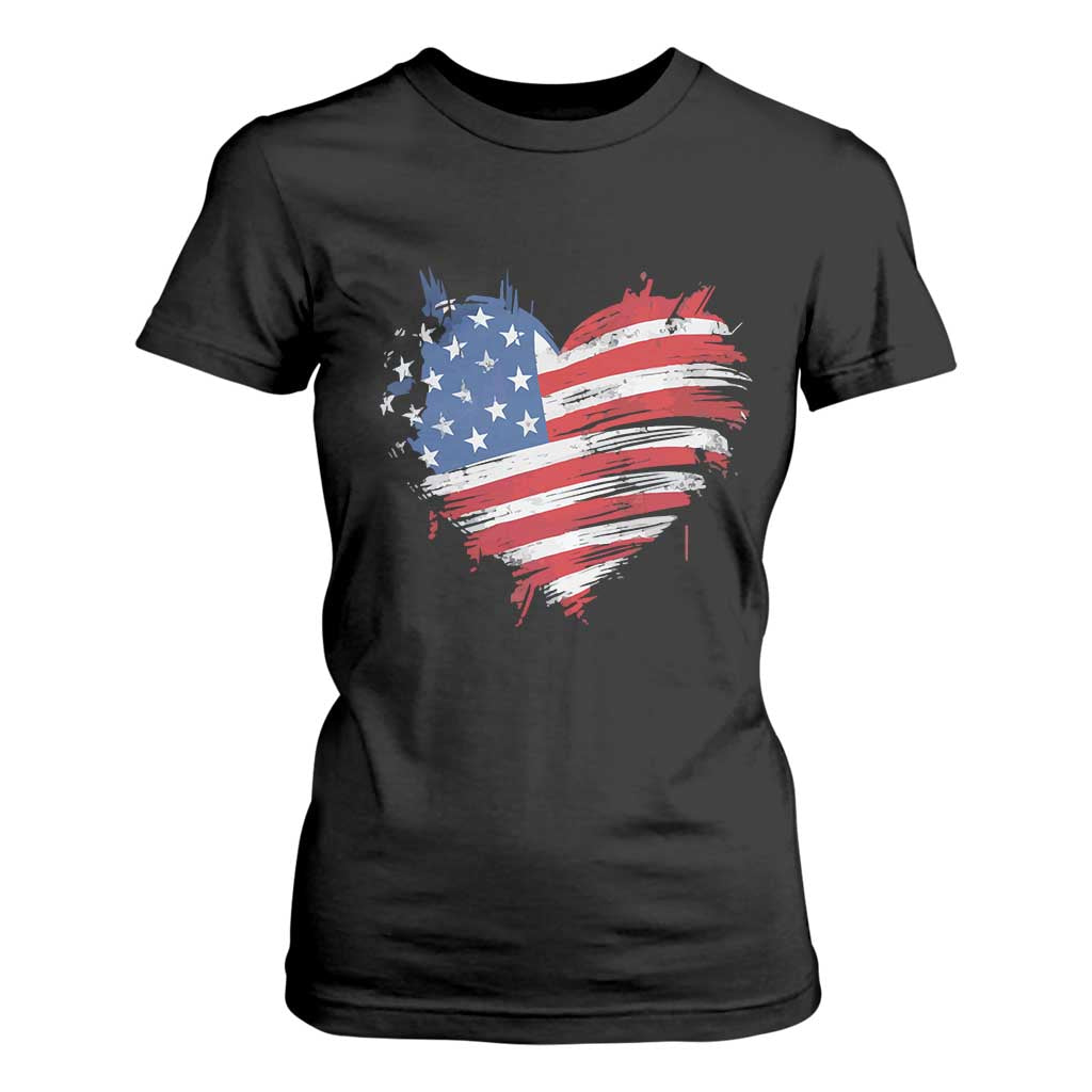 4th of July American Flag Heart USA Patriotic T Shirt For Women Star Stripes TS11 Black Print Your Wear