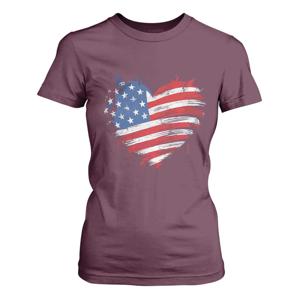 4th of July American Flag Heart USA Patriotic T Shirt For Women Star Stripes TS11 Maroon Print Your Wear