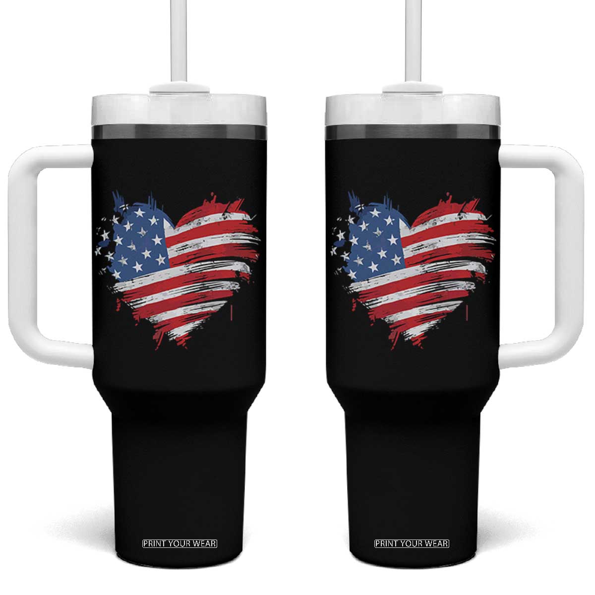 4th of July American Flag Heart USA Patriotic Tumbler With Handle Star Stripes TS11 One Size: 40 oz Black Print Your Wear