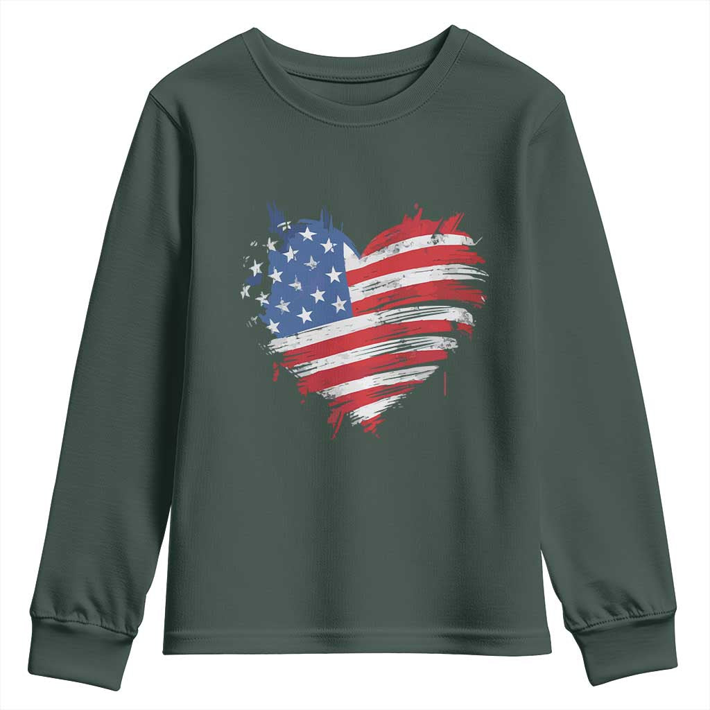 4th of July American Flag Heart USA Patriotic Youth Sweatshirt Star Stripes TS11 Dark Forest Green Print Your Wear