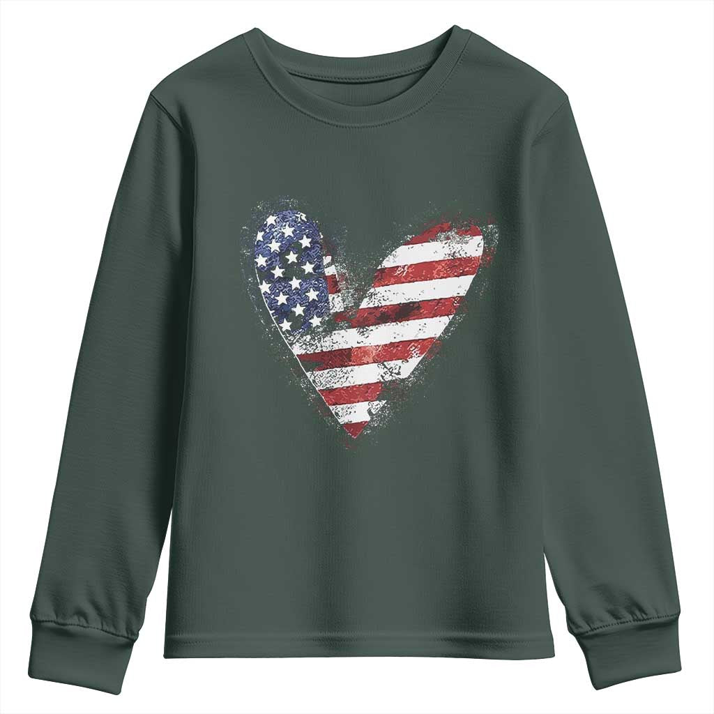 4th of July American Flag Heart USA Patriotic Youth Sweatshirt TS11 Dark Forest Green Print Your Wear