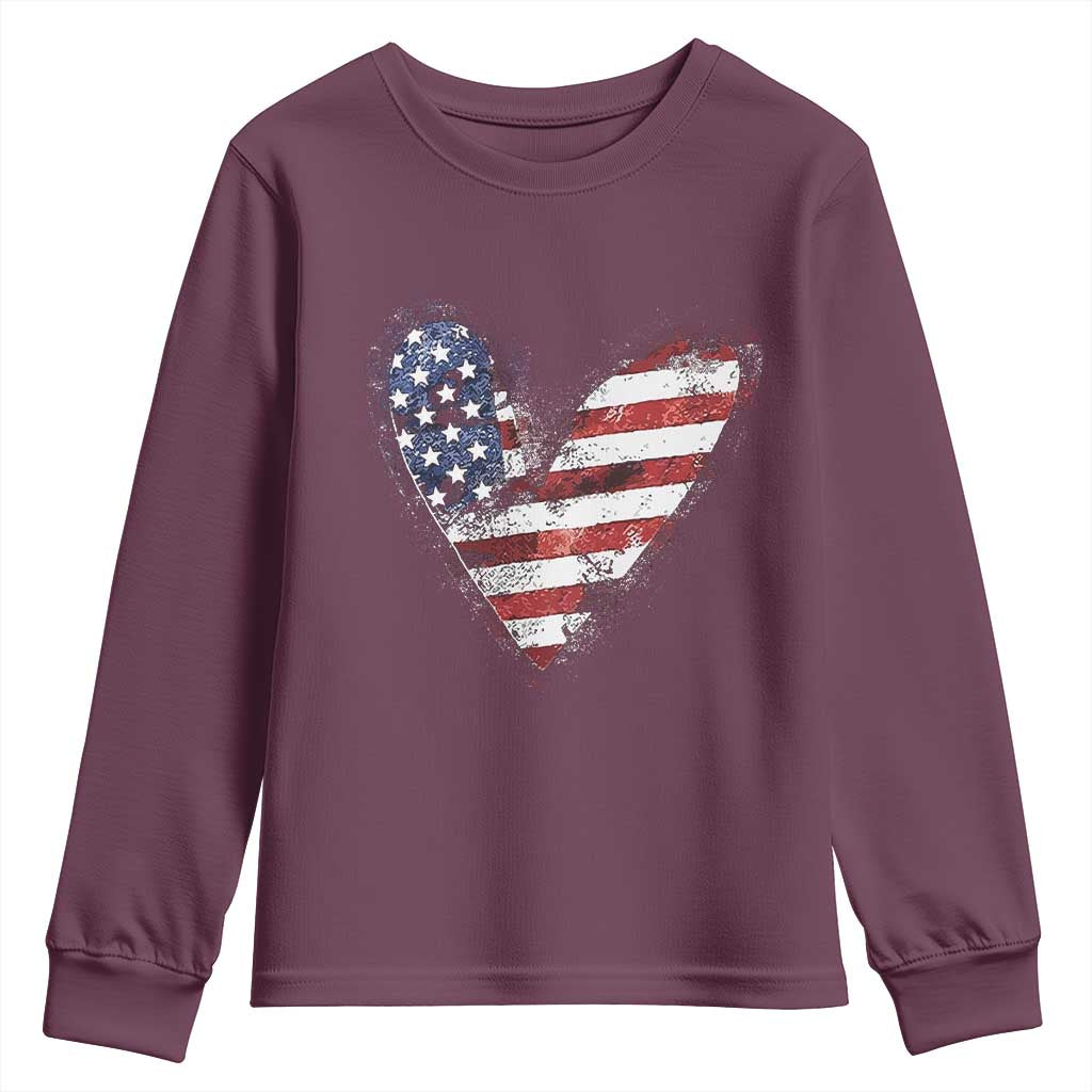 4th of July American Flag Heart USA Patriotic Youth Sweatshirt TS11 Maroon Print Your Wear