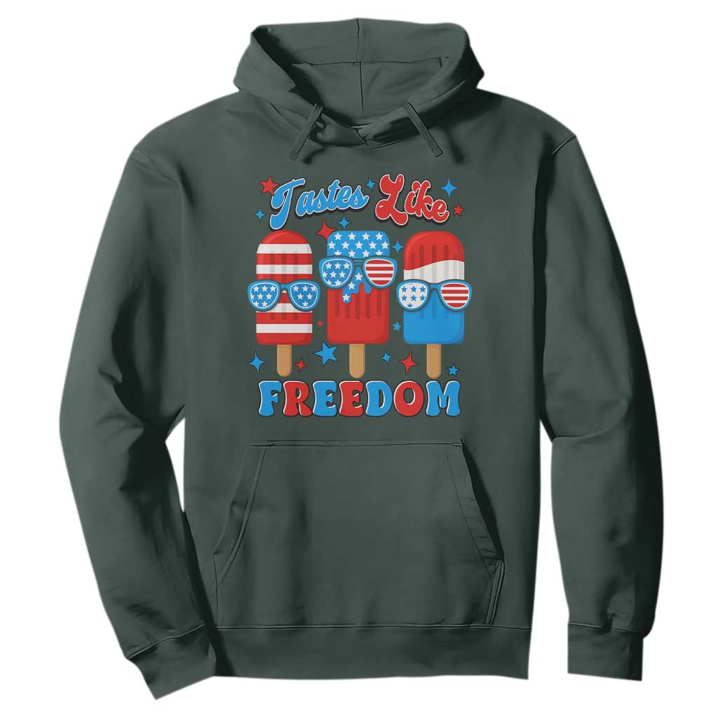 4th of July American Flag Popsicle Hoodie Tastes Like Freedom Patriotic Funny TS10 Dark Forest Green Print Your Wear