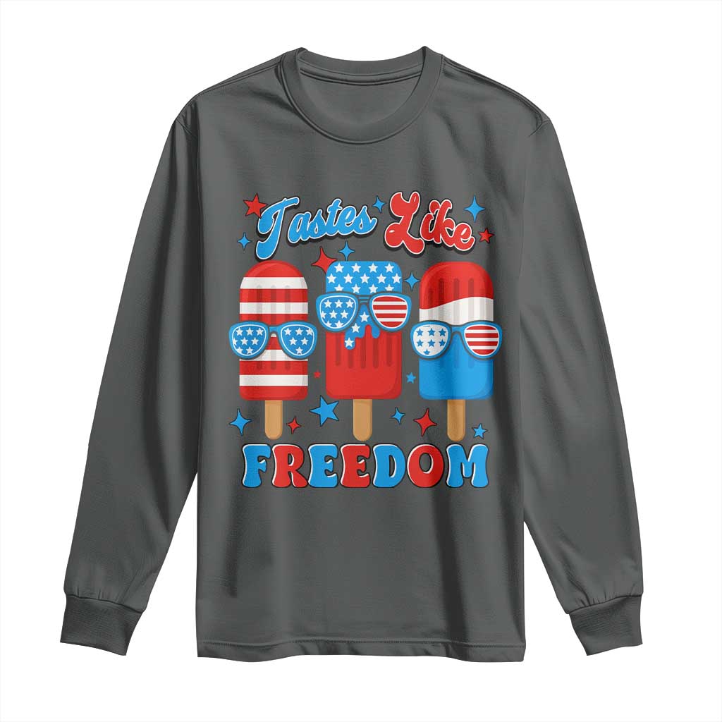 4th of July American Flag Popsicle Long Sleeve Shirt Tastes Like Freedom Patriotic Funny TS10 Dark Heather Print Your Wear