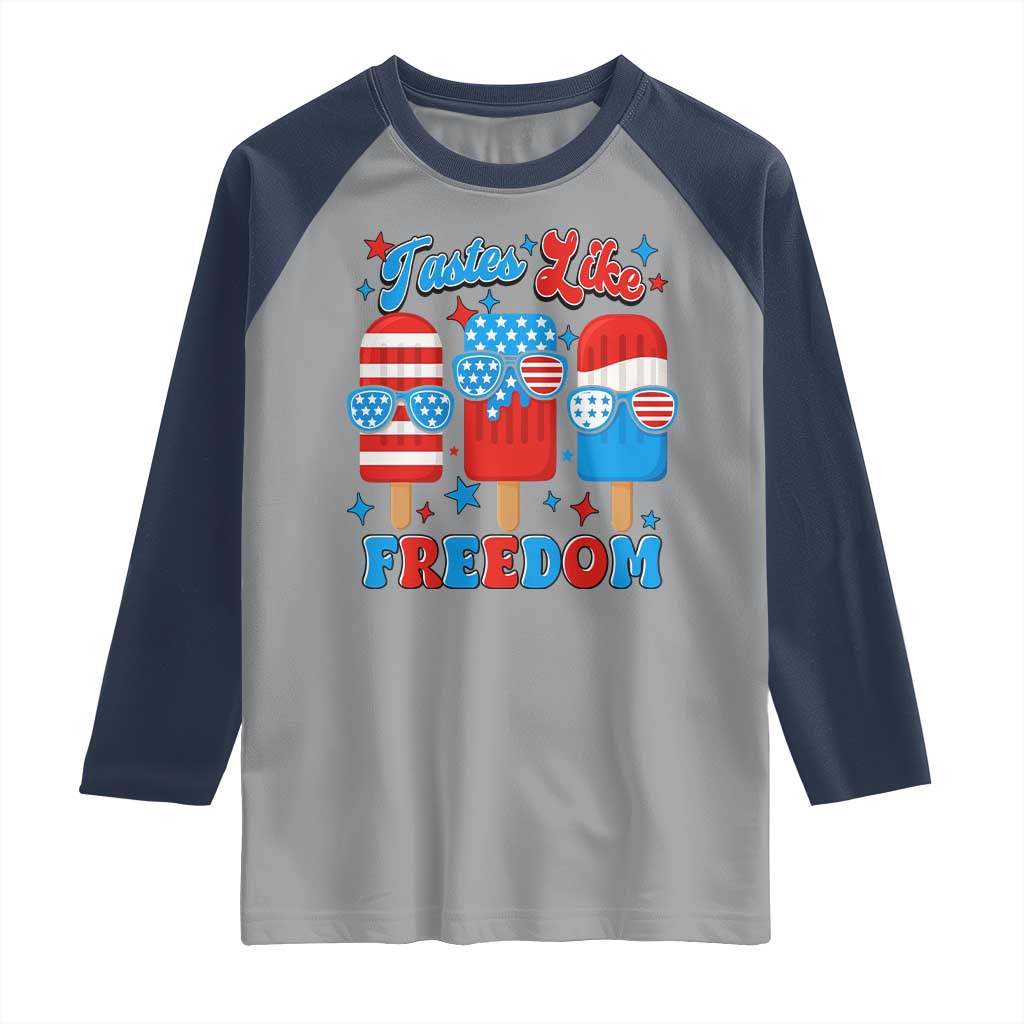 4th of July American Flag Popsicle Raglan Shirt Tastes Like Freedom Patriotic Funny TS10 Sport Gray Navy Print Your Wear