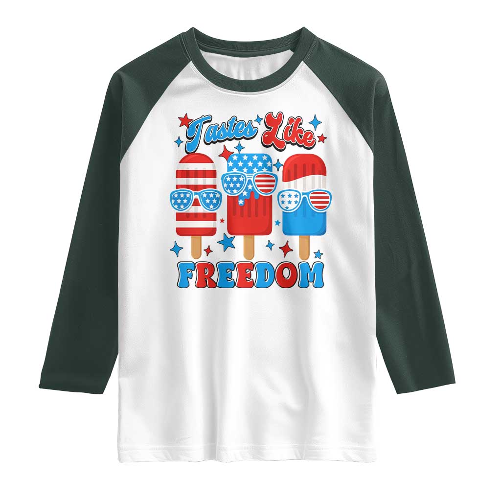 4th of July American Flag Popsicle Raglan Shirt Tastes Like Freedom Patriotic Funny TS10 White Dark Forest Green Print Your Wear