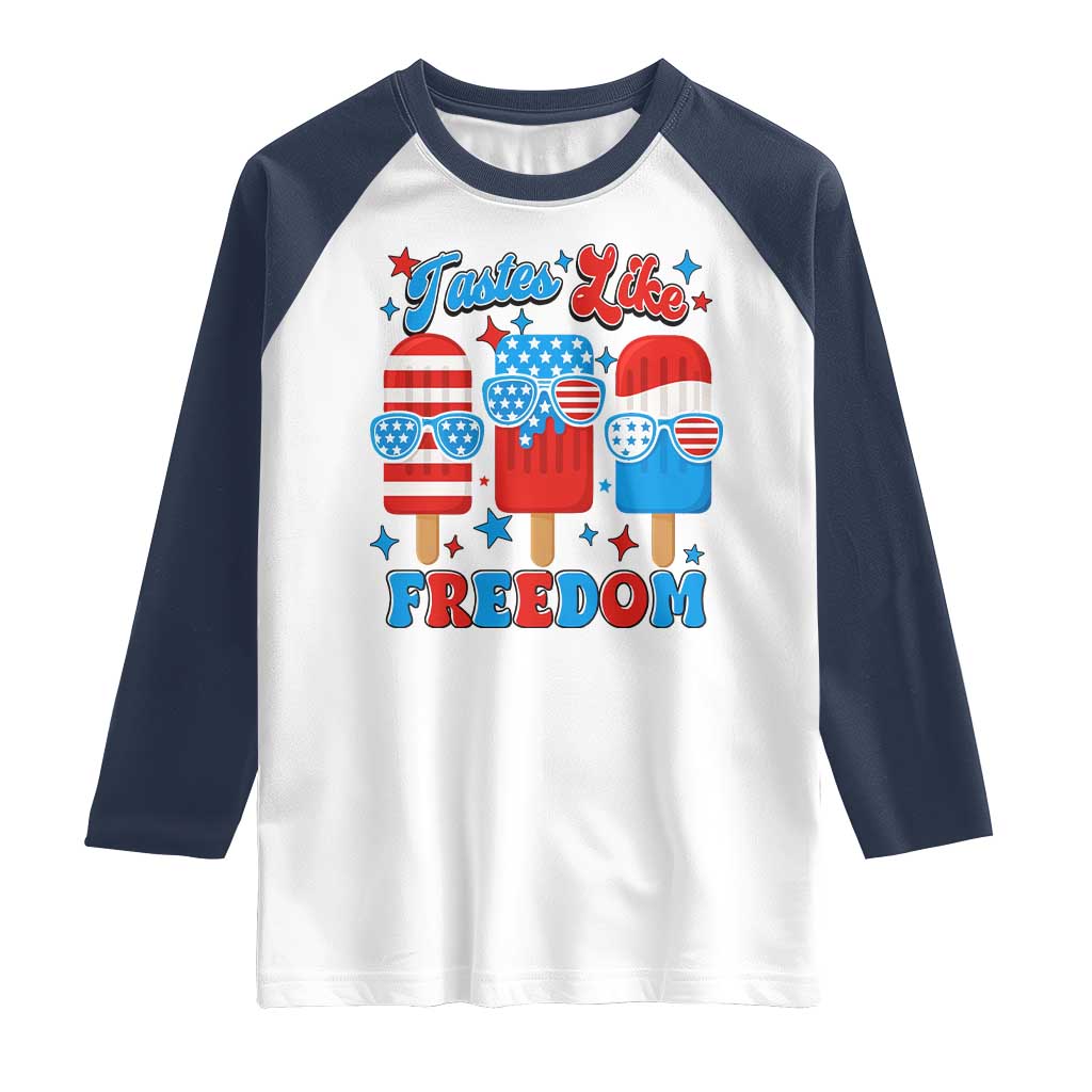 4th of July American Flag Popsicle Raglan Shirt Tastes Like Freedom Patriotic Funny TS10 White Navy Print Your Wear