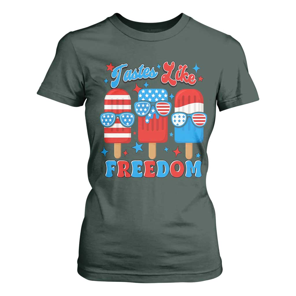 4th of July American Flag Popsicle T Shirt For Women Tastes Like Freedom Patriotic Funny TS10 Dark Forest Green Print Your Wear