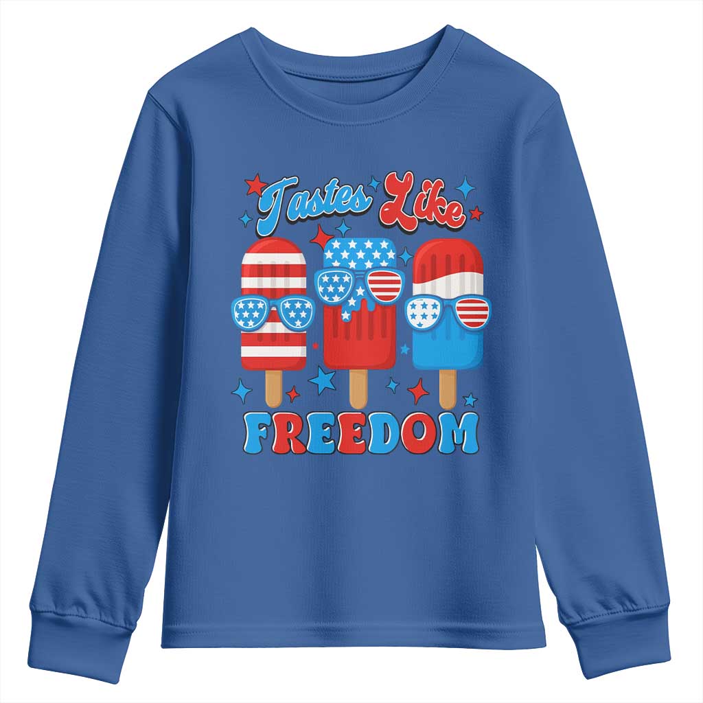 4th of July American Flag Popsicle Youth Sweatshirt Tastes Like Freedom Patriotic Funny TS10 Royal Blue Print Your Wear