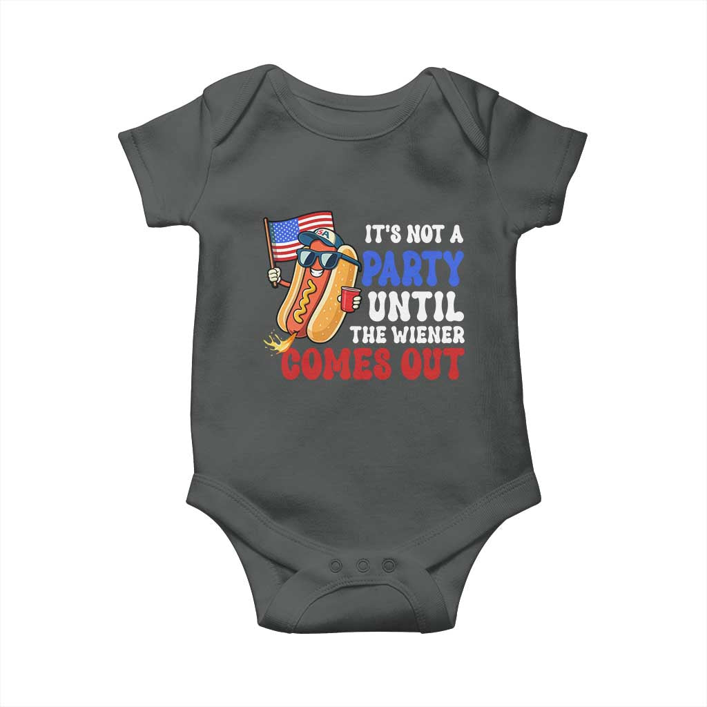 4th of July It's Not A Party Until The Wiener Comes Out Baby Onesie Funny Hot Dog Independence Day Patriotic Weenies TS10 Dark Heather Print Your Wear