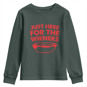 4th of July Just Here For The Wieners Youth Sweatshirt Funny Hot Dog Independence Day Patriotic Weenies TS10 Dark Forest Green Print Your Wear