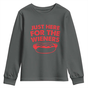 4th of July Just Here For The Wieners Youth Sweatshirt Funny Hot Dog Independence Day Patriotic Weenies TS10 Dark Heather Print Your Wear