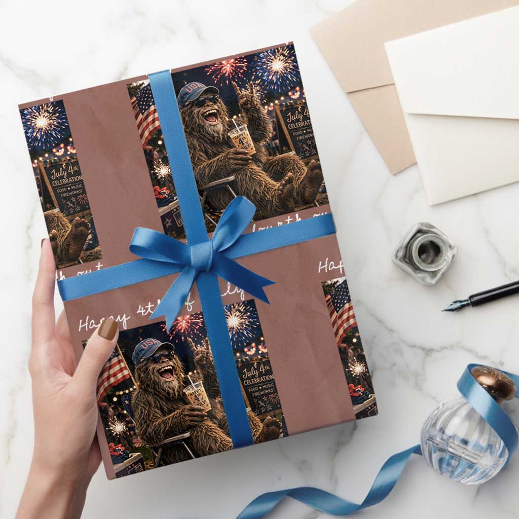 4th of July Bigfoot Wrapping Paper Roll Patriotic Sasquatch American Flag Party Festival TS14 Mocha Print Your Wear