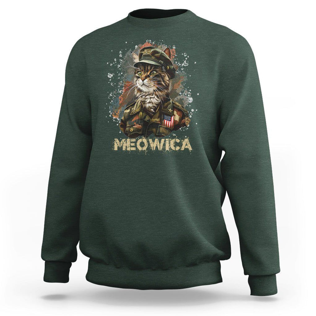 4th Of July Cat Lover Sweatshirt Meowica Patriotic US Army Cat TS09 Dark Forest Green Print Your Wear