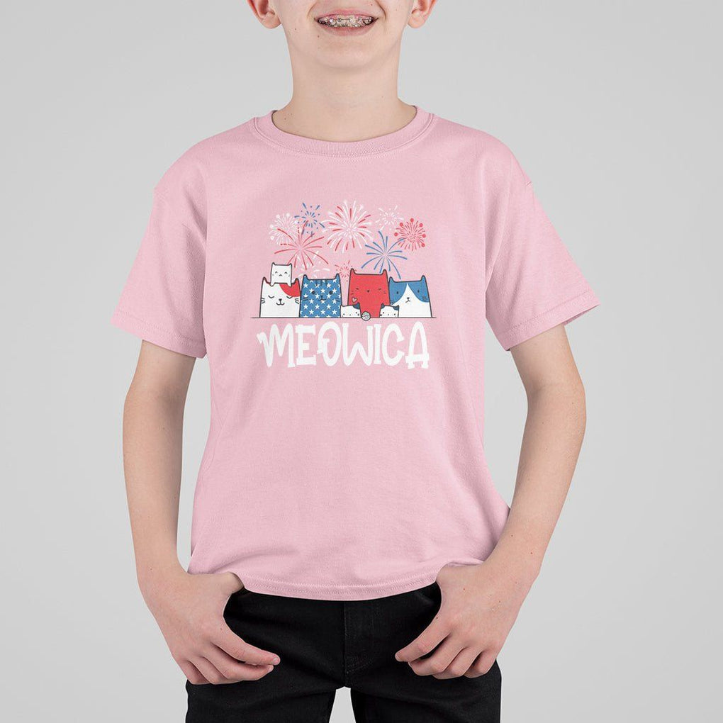 4th Of July Cat Lover T Shirt For Kid Meowica Patriotic American Flag Fireworks TS09 Light Pink Print Your Wear