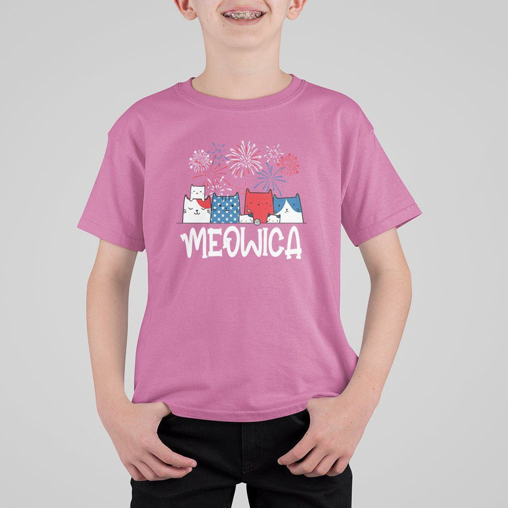 4th Of July Cat Lover T Shirt For Kid Meowica Patriotic American Flag Fireworks TS09 Azalea Print Your Wear